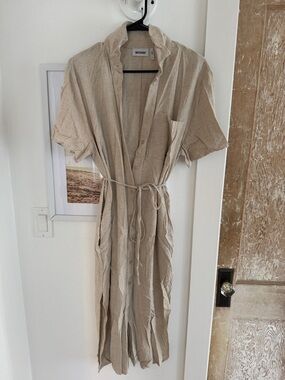 Weekday Natural Beige Linen Midi Shirt Dress